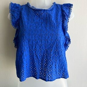 Zara Boho Top Royal Blue Eyelet Ruffle Sleeve Top Size Small